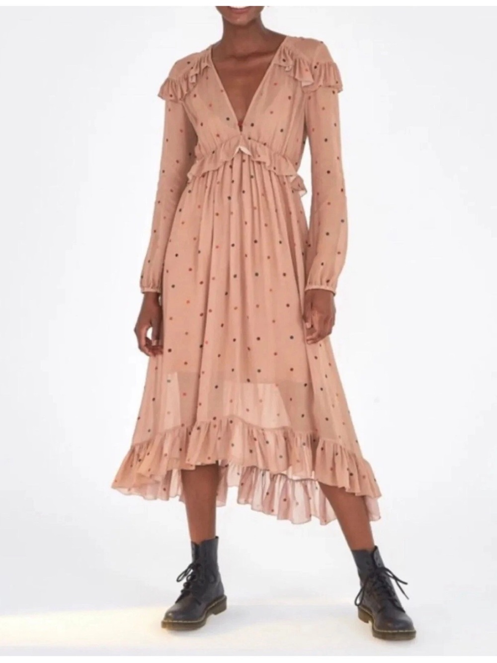 FARM Rio Tan Mocha Polka Dot Ruffle Midi Dress